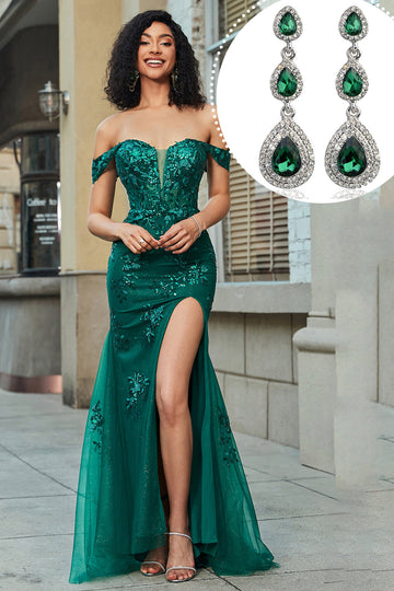 Dark Green Off the Shoulder Appliques Tulle Prom Dress with Accessory
